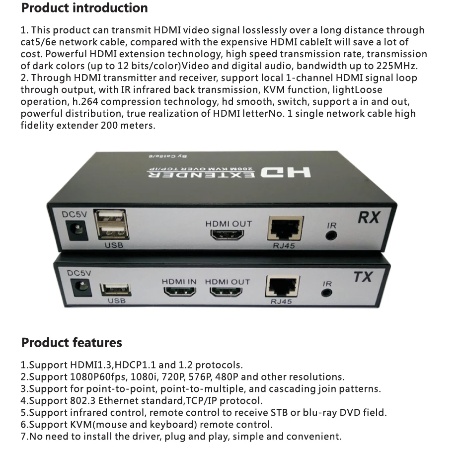 HDMI KVM удлинитель 200 м USB HDMI IR KVM удлинитель от CAT5e/6 Поддержка TCP/IP Поддержка одного режима точка-ко-много и Каскадное подключение