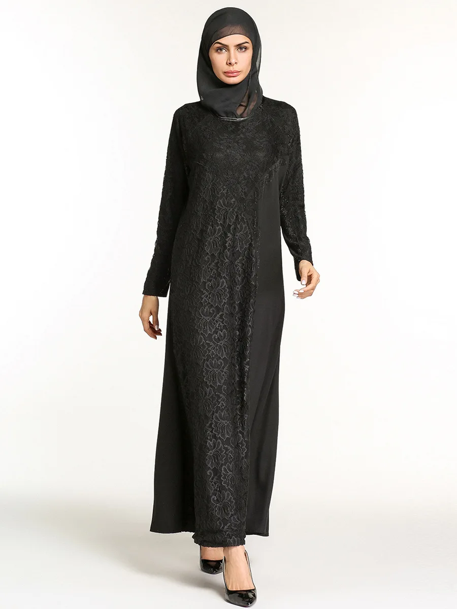 Мусульманское черное кружевное Макси платье Abaya кимоно бриллианты длинное