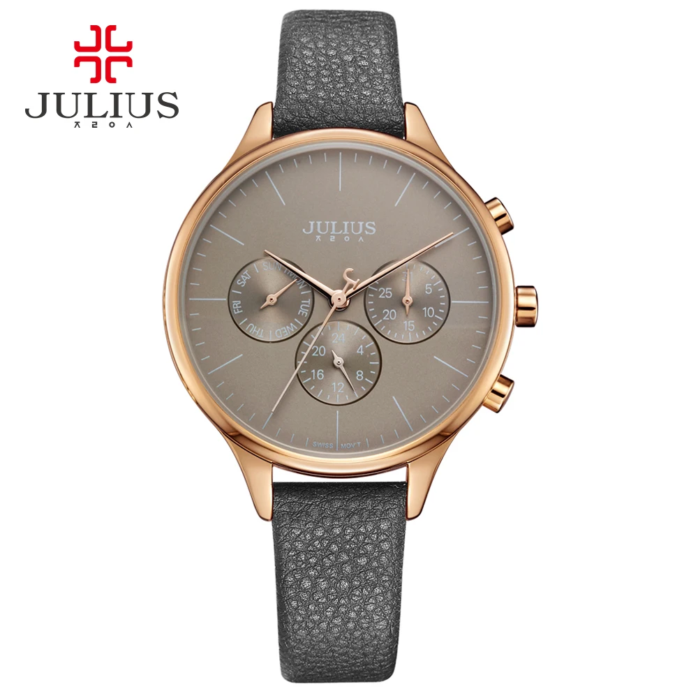 Роскошные женские часы JULIUS хронограф дата недели секундомер серебристые розовые