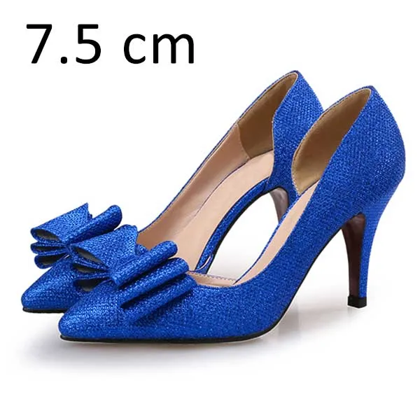 Blue Pumps 7.5cm Женские туфли-лодочки; женская обувь на высоком каблуке; брендовая Летняя обувь; туфли для вечеринок на тонком каблуке с острым носком и бабочкой; большие размеры - Цвет: Blue Pumps 7.5cm