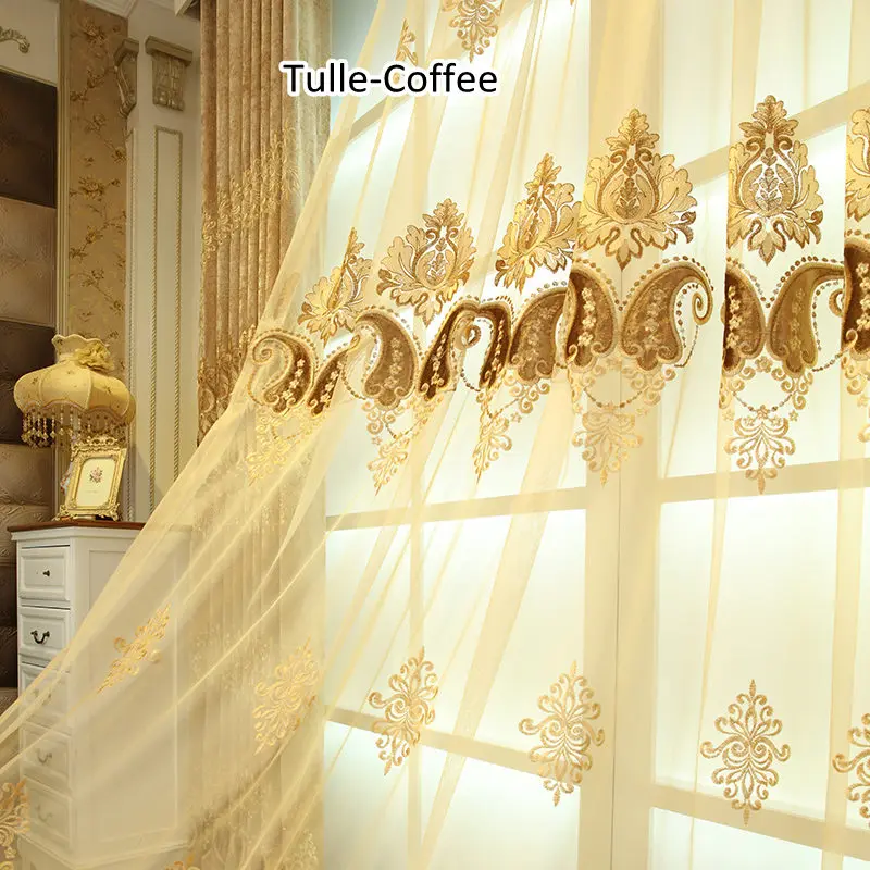 Tulle Coffee Европейские вышитые шенилловые занавески для гостиной, роскошные тюлевые занавески для спальни, китайские Оконные Занавески - Цвет: Tulle Coffee