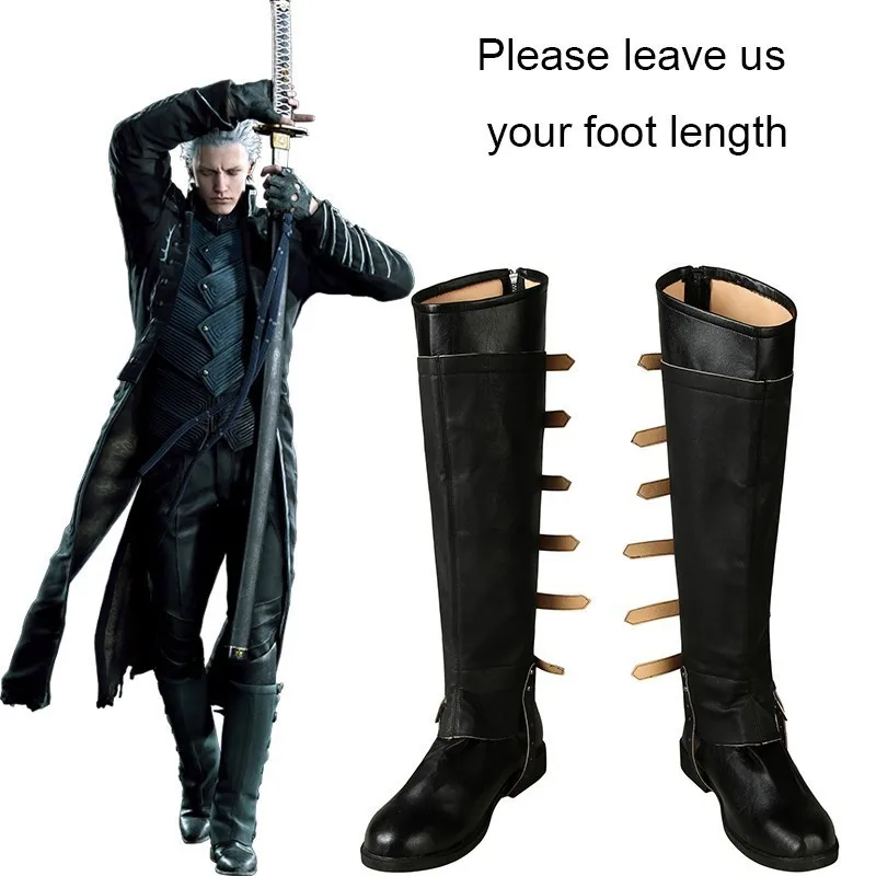 Cry 5 Costume Vergil/вечерние ботинки для костюмированной вечеринки для взрослых на Хэллоуин, Рождество, карнавал, супергероя; кожаные сапоги до колена на плоской подошве; обувь на заказ