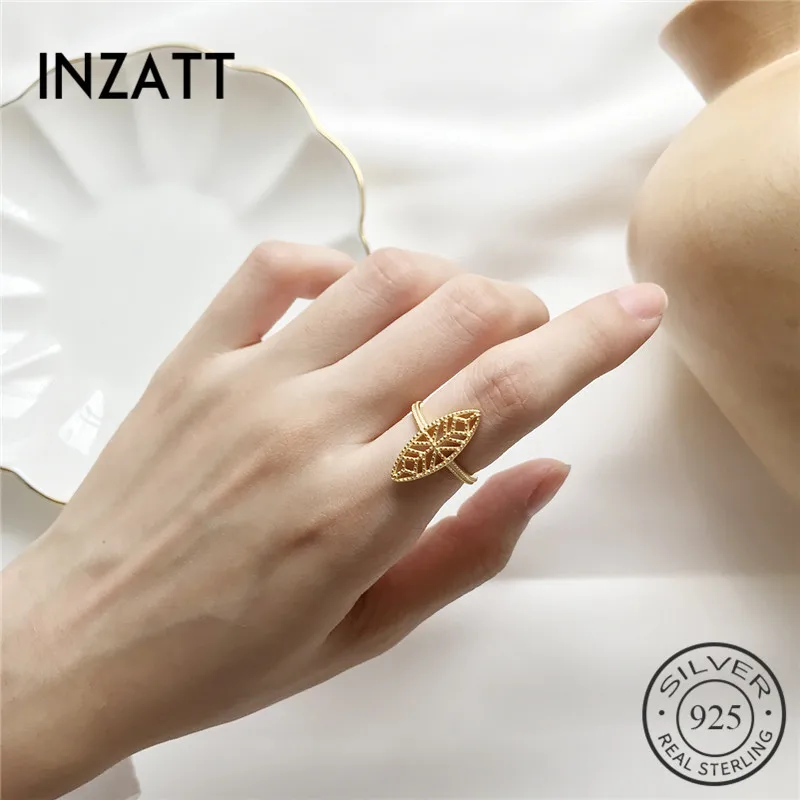 

INZATT Genuine 925 Sterling Silver Minimalist Geometric Oval Hollow Leaf Openwork Ring for Women Party Fashion Jewelry CUte Gift