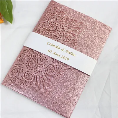 pink gold Обручальное кольцо из розового золота пригласительные приглашения с лентой живота конверт блестящая Свадебная печать на заказ - Цвет: pink gold