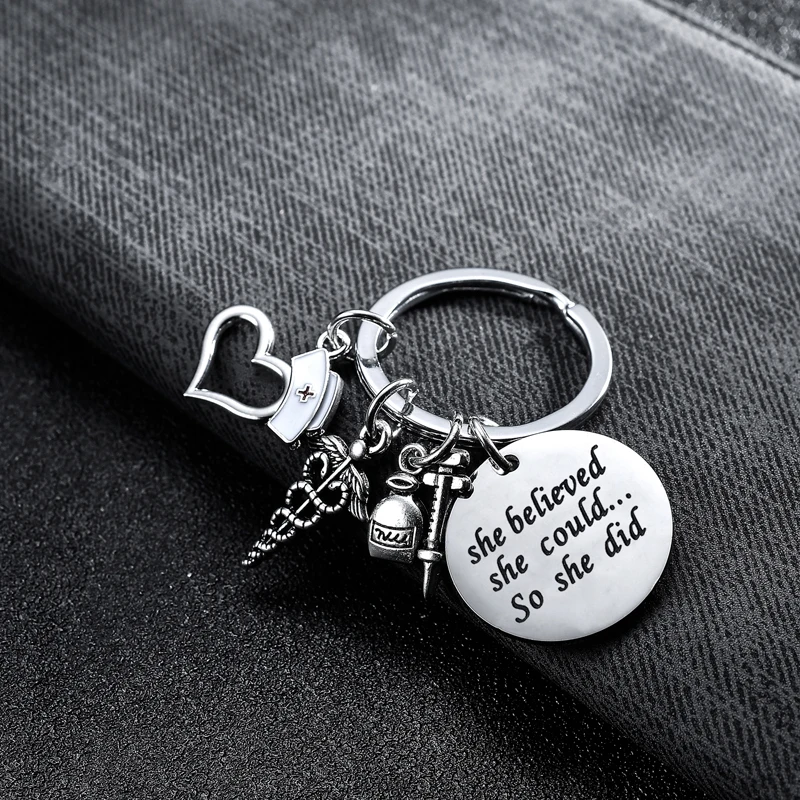 Inspirational Gift For Women Nurse Doctor Stainless Steel Charm Keychain Key Ring Caduceus Cap Jewelry Bag Wallet Chain | Украшения и