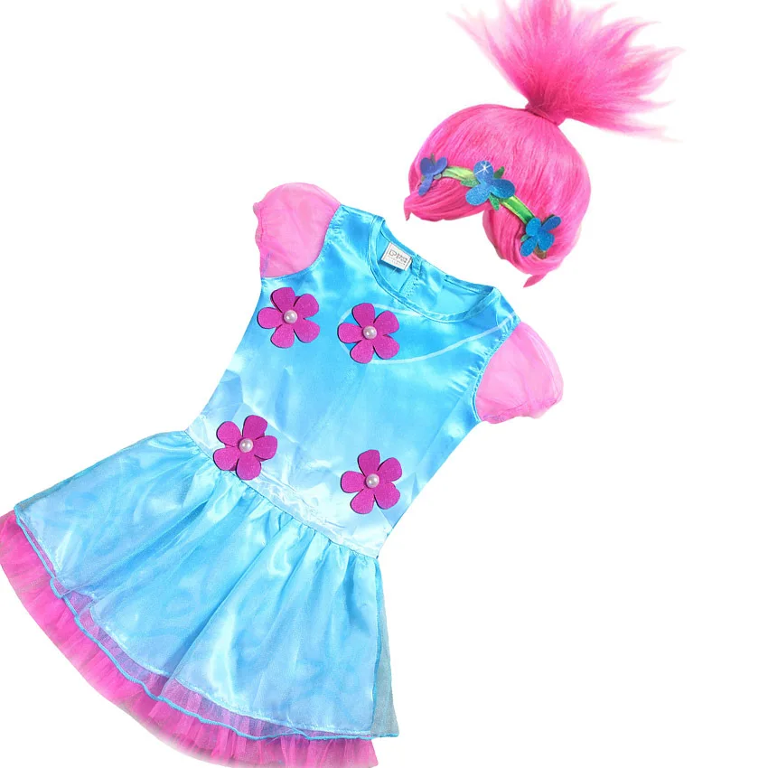 Фото New Christmas Carnival Costume Trolls Wig toy For Kids Poppy Lace Dress Baby Girls Moana clothes Children Vaiana Party Vestido №4