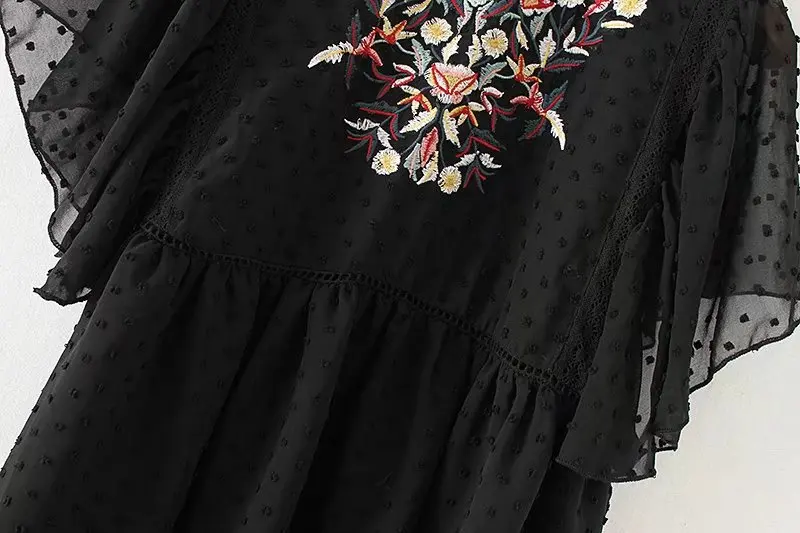Summer Women Short Sleeve Floral Embroidery Black Jacquard Chiffon Tops And Blouses Camisas Blusas Blancas Femeninas |