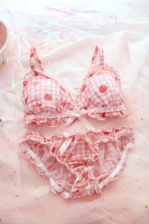 Strawberry Chequered Girl Sleep Bra Mesh Pink Sweet Underwear Suit for Students