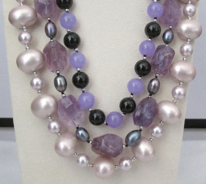 3row 20-23&quot amethyst black freshwater pearl +jade+ onyx shell necklace | Украшения и аксессуары