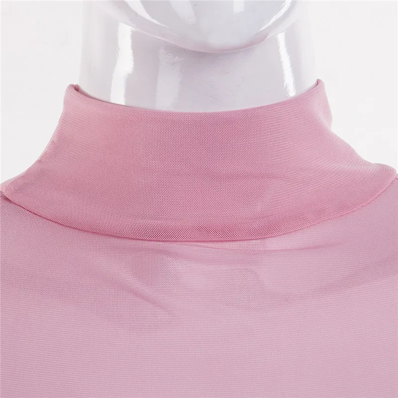 

Sexy Women Turtleneck Sheer Mesh Long Sleeve Shirt Top Clubwear Transparent Blouse Solid Pink/Black Perspective See Through Tops