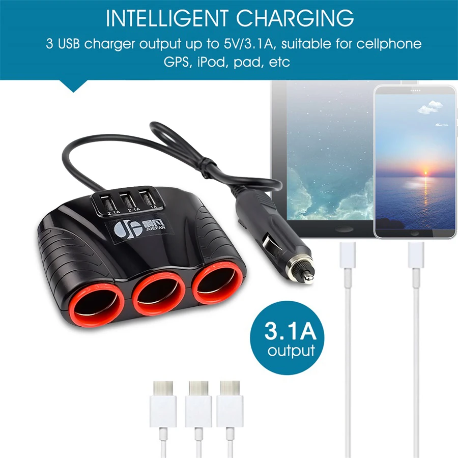 Новая прикуриватель с 3 USB + портами 3.1A Автомобильный Разветвитель концентратор