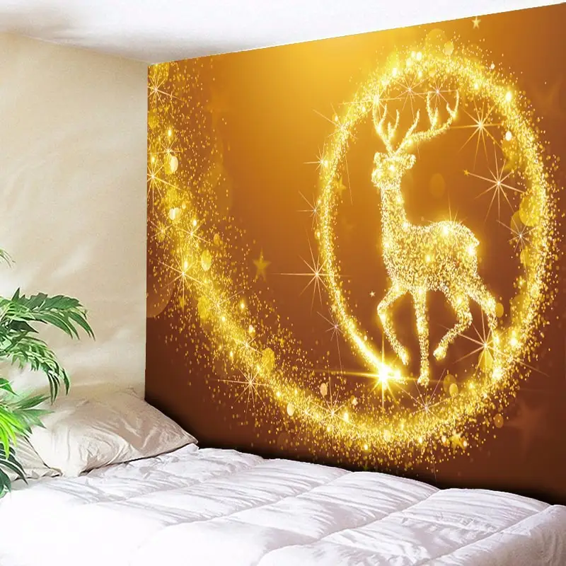 

Gold Christmas Tapestry Elk Deer Decorative Wall Hanging Bedside Home Decor Hippie Wall Rug Cloth Tapestries Large Couch Blanket