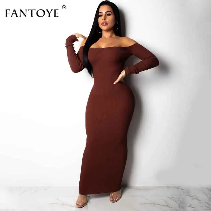 Coffee Fantoye сексуальное с открытой спиной ребро Длинное Платье Женское Vestidos с открытыми плечами платье макси с длинным рукавом Рождественская вечеринка без бретелек облегающее платье - Цвет: Coffee