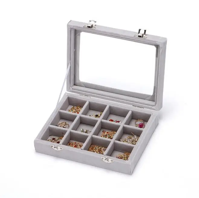 grey box 12 Сетки бархатная коробка для ювелирных изделий кольца серьги ожерелья макияж держатель случае чокер Органайзер Женская бижутерия хранения черный красный и т. д - Цвет: grey box