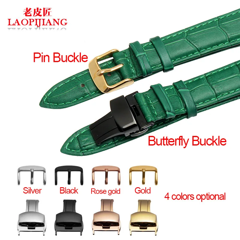 

16mm new fashion special style Green duty genuine Leather Watchband strap with gold pin clasp butterfly buckle for men and women