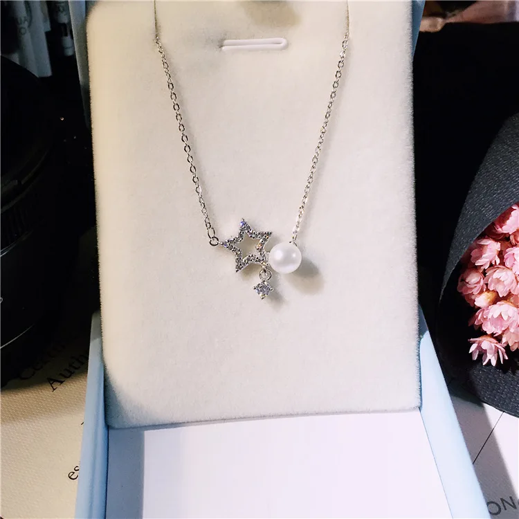 

New Arrival Real 925 Sterling Silver Sparkling Pentagon Star Pendant Simple Designer Fashion Pearl Necklace