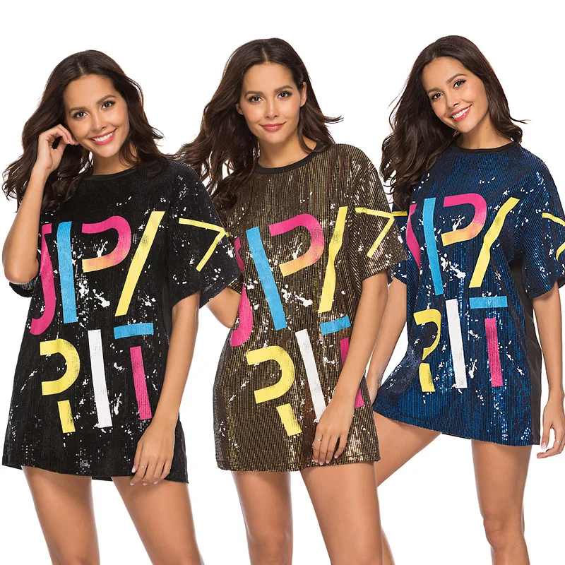 Summer Casual Streetwear Black Blue Loose T Shirt Dress With Sequin Ladies Letter Women Sport Mini Female Clothing L | Женская одежда