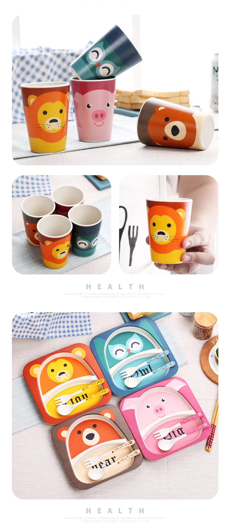 WORTHBUY Cute Cartoon Kids Dinnerware Set Eco-Friendly Bamboo Fiber Dinner Set Children Cutlery For School Picnic Tableware