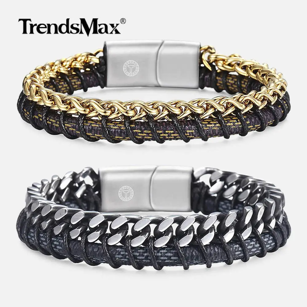 Кожаный плетеный браслет Trendsmax из нержавеющей стали для мужчин и мальчиков