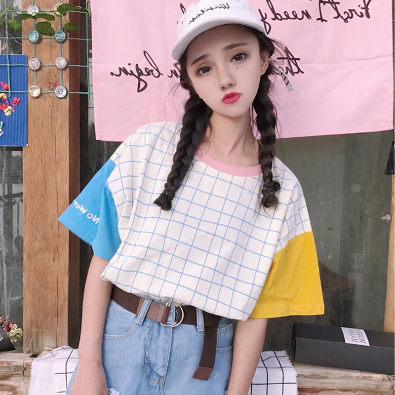 Новые летние топы с круглым вырезом Harajuku Милая Повседневная Лоскутная Женская