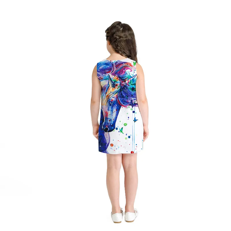 White Dress Girl Cute Cartoon Printed Unicorn Sleeveless Mini A Line Princess for Girls Kids Clothes 8 10 12 Years | Детская одежда и