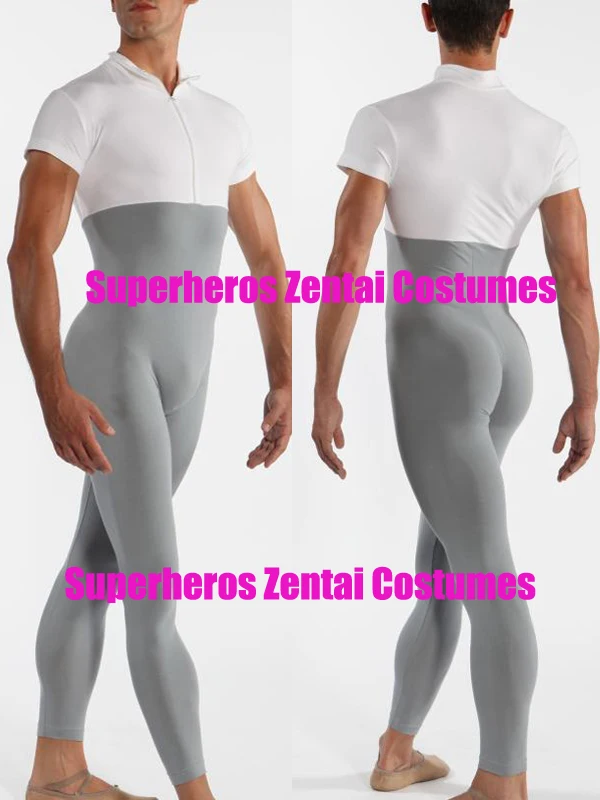Top Quality Lycra Sexy Men White&ampGray Catsuit Jumpsuit Second Skin Tight Zentai Short Sleeve Gymnastics Unitard Leotard Bodysuit |