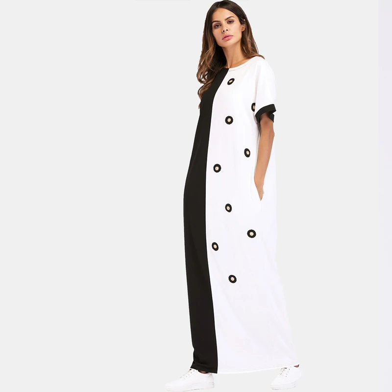 2018 Summer Women Fashion O-Neck Short Sleeved Contrast Color Abaya Gown Muslim Party Long Dress Middle East Casual Loose Robes | Женская