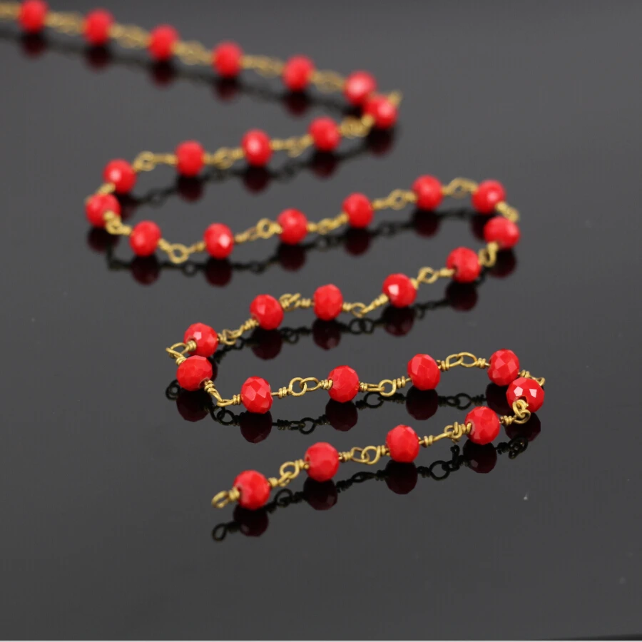 

5Meter,Faceted Red Glass Rondelle Chain,Crystal Glass Beads Wire Wrapped Chain Beaded, Rosary Style Women Jewelry Findings