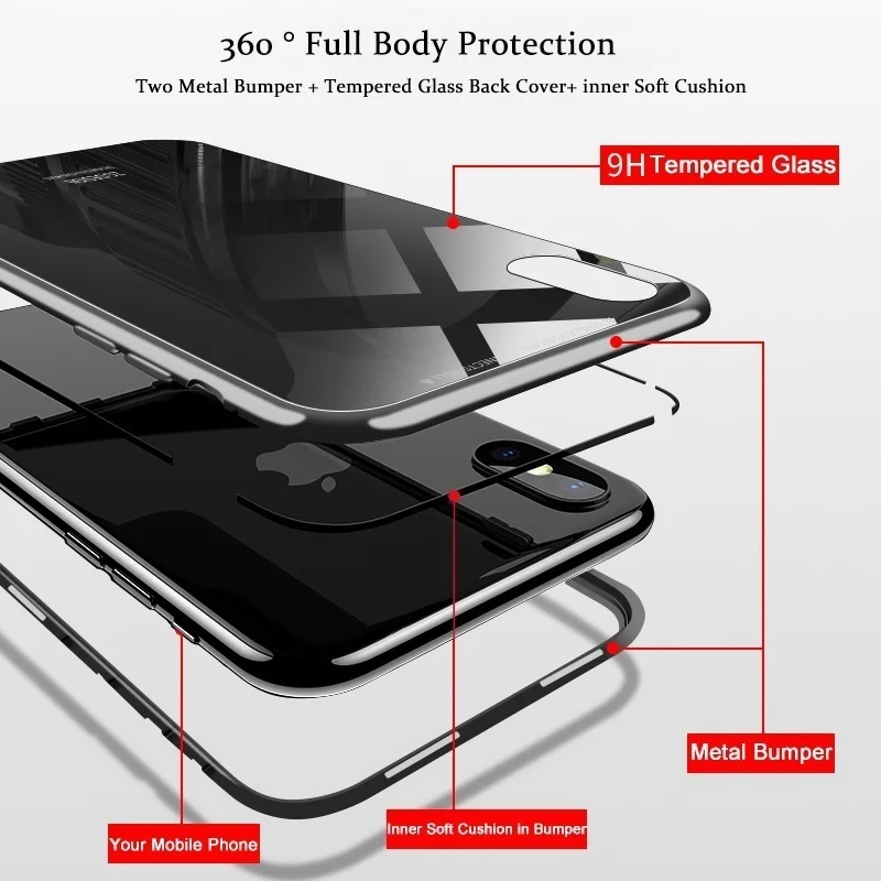 Магнитный чехол Amzdeal для iPhone X/XS XR XSMax 7 Plus 8 металлический из закаленного стекла на
