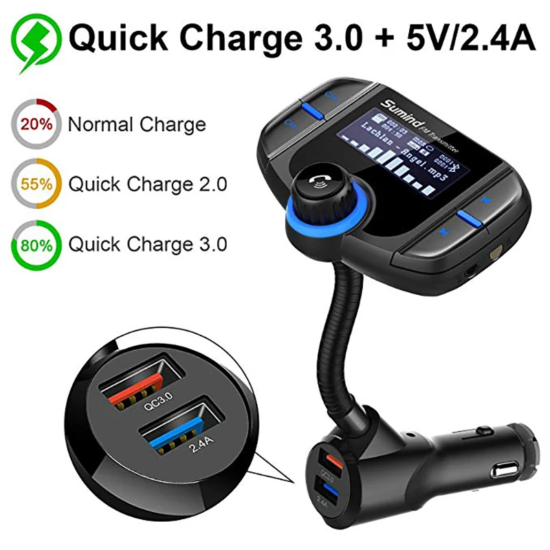 Bluetooth FM Transmitter Sumind Wireless Radio Adapter Hands-free Car Kit with 1.7 Inch Display QC3.0 and Smart 2.4A Dual USB | Автомобили