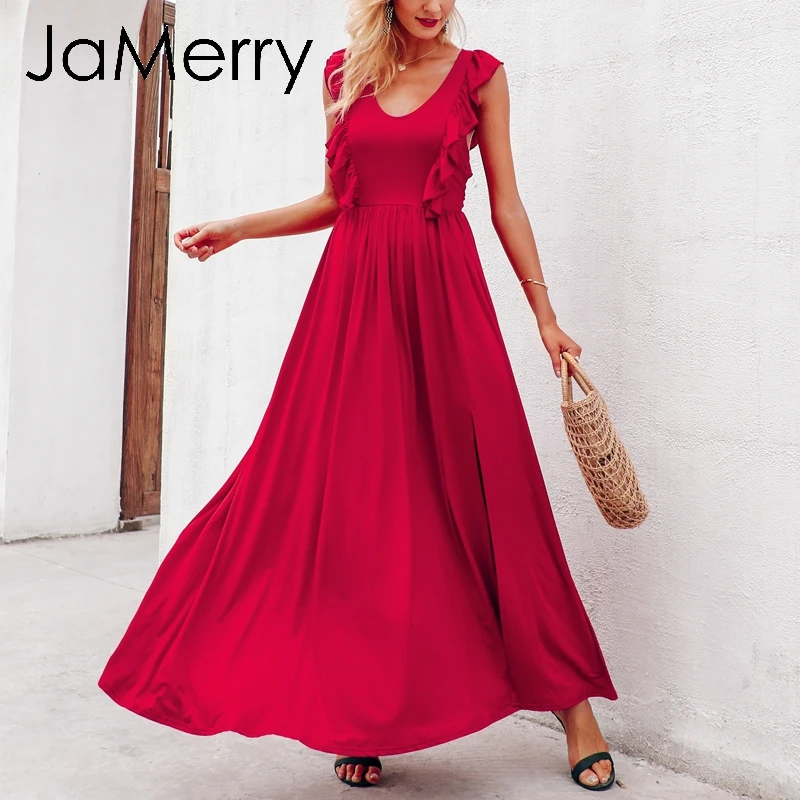 JaMerry 2019 красное Сексуальное Красное Длинное Макси платье для женщин с оборками