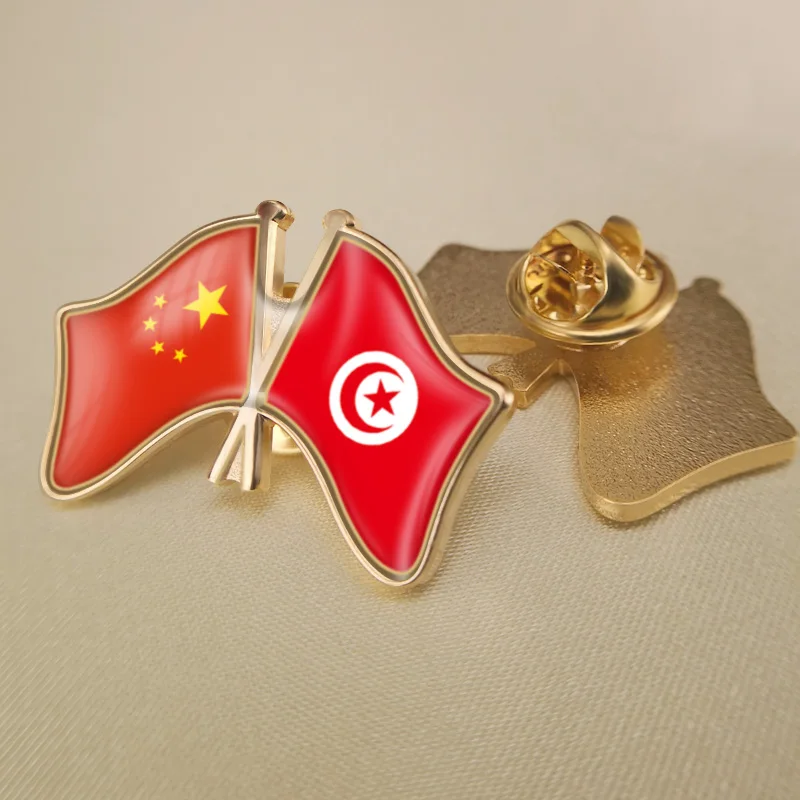 

China and Tunisia Crossed Double Friendship Flags Lapel Pins Brooch Badges