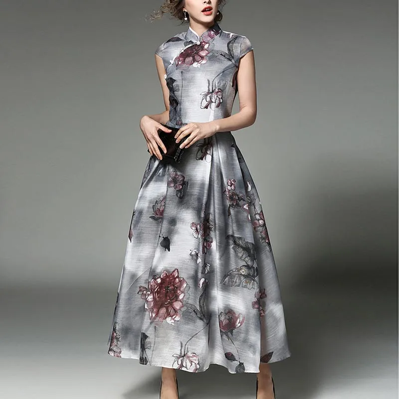 Цветочное платье с жемчугом 2018 Весна Лето Винтаж Европейская мода Vestidos высокой