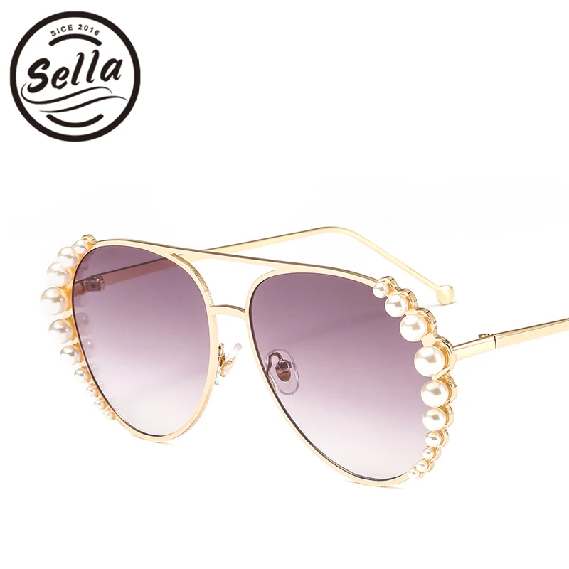 Sella Fashion Sun Glasses For Women Luxury Pearl Decoration Oversized Pilot Mirror/Gradient Lens 2018 Trending Shade | Аксессуары для