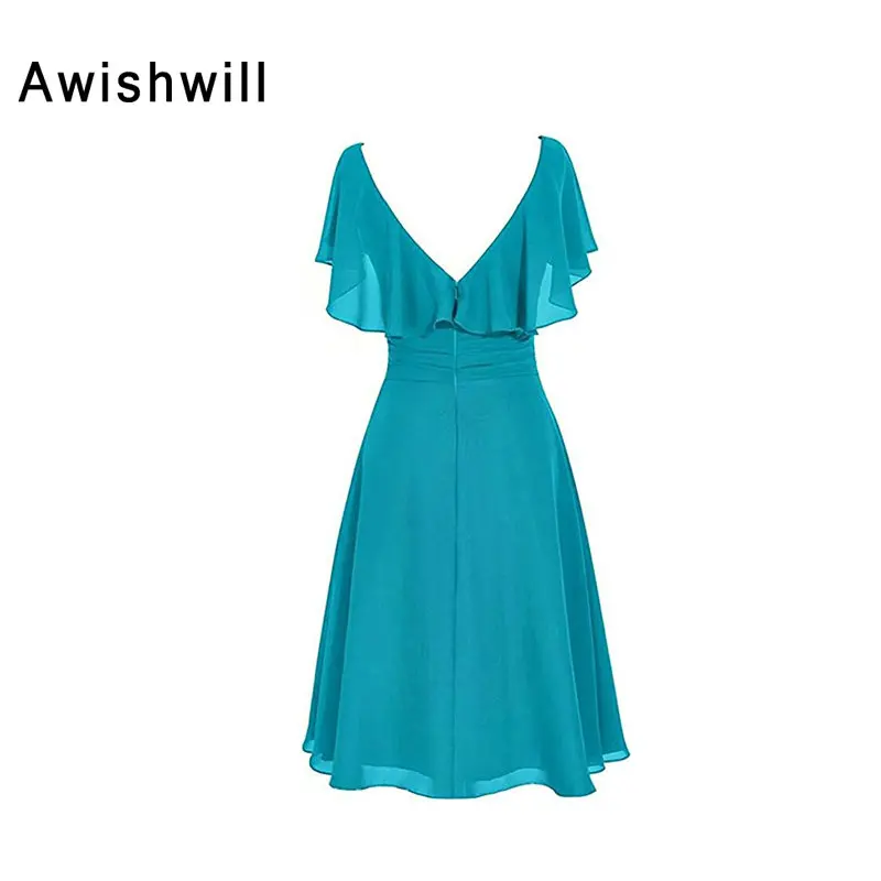 Новое поступление элегантное бирюзовое платье для матери невесты с короткими рукавами, расшитое бисером женское вечернее платье из шифона, короткое вечернее платье
