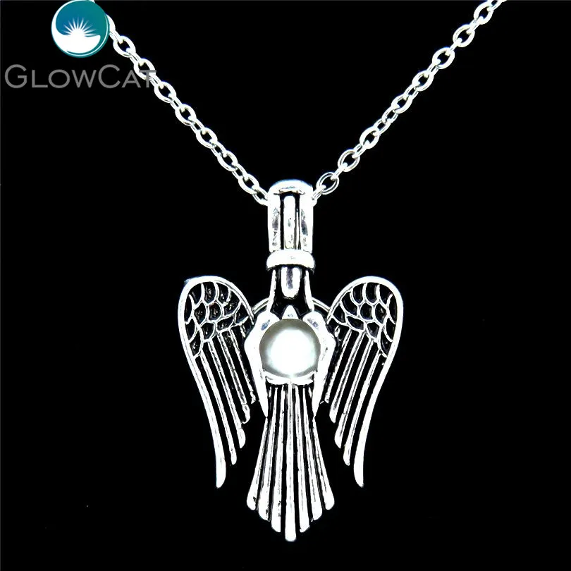GLOWCAT VP278 Vintage Silver Saint Wings Natural Pearl Cage Locket Necklace Perfume Essential Oil Pendant Necklaces | Украшения и