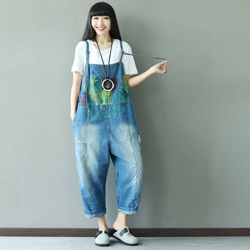 Джинсовые комбинезоны 2019 женские с широкими штанинами и принтом ковбойские