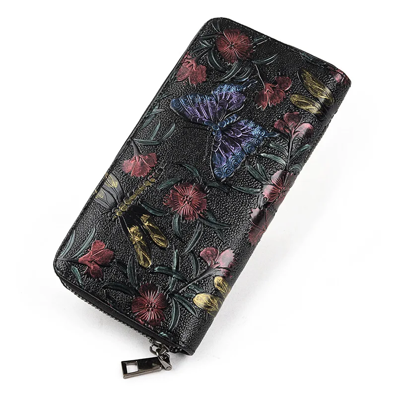 Модные кожаные женские длинные кошелек цветок Тиснение женский молнии бумажник