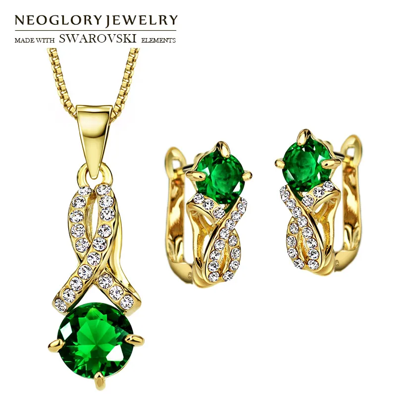 

Neoglory Austria Rhinestone & Zircon Jewelry Set Exquisite Geometric Design Light Yellow Gold Color Necklaces & Earrings