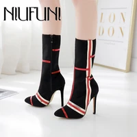 niufuni 2019 new autumn women boots mixed colors pointed high heels mid calf botas mujer sexy lady stilettos women shoes