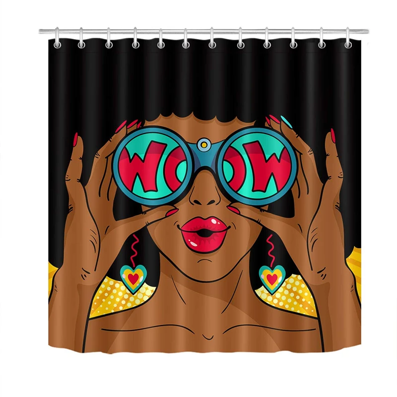 

Afro Shower Curtain Set African Woman Bathroom Curtain with Hooks Black Girl Holding Binoculars Fashion 72x72 inch Waterproof
