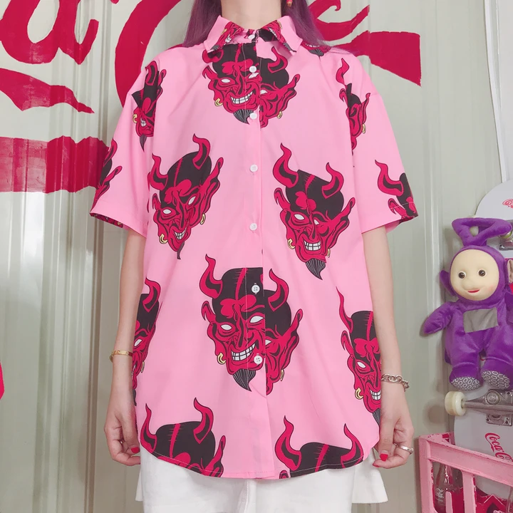 Ulzzang летняя шифоновая Женская свободная рубашка с коротким рукавом и принтом