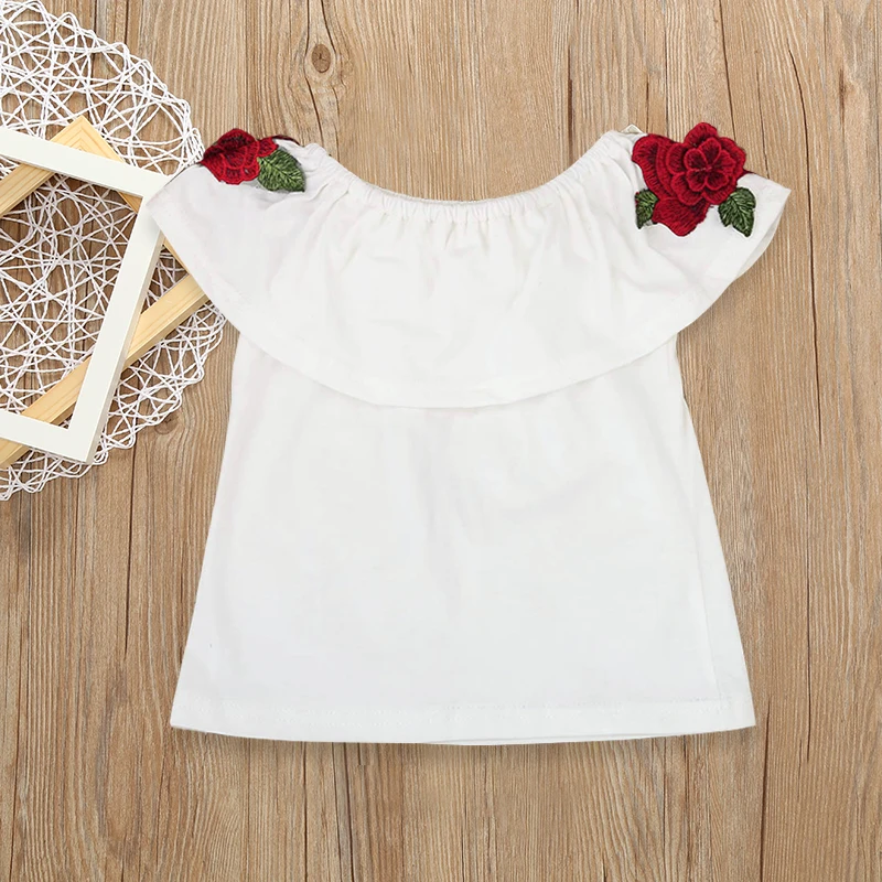 Летняя детская футболка с открытыми плечами вышивка розами белые футболки
