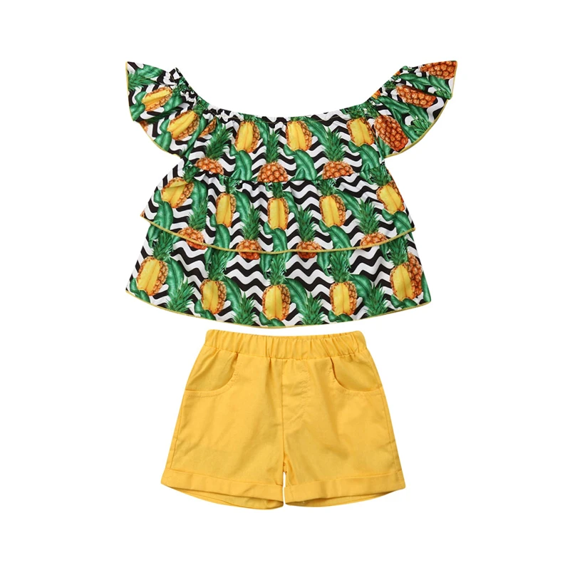 

2019 Summer Toddler Baby Girls Pineapple Floral Off Shoulder Ruffle Tops Solid Shorts Outfits Clothes