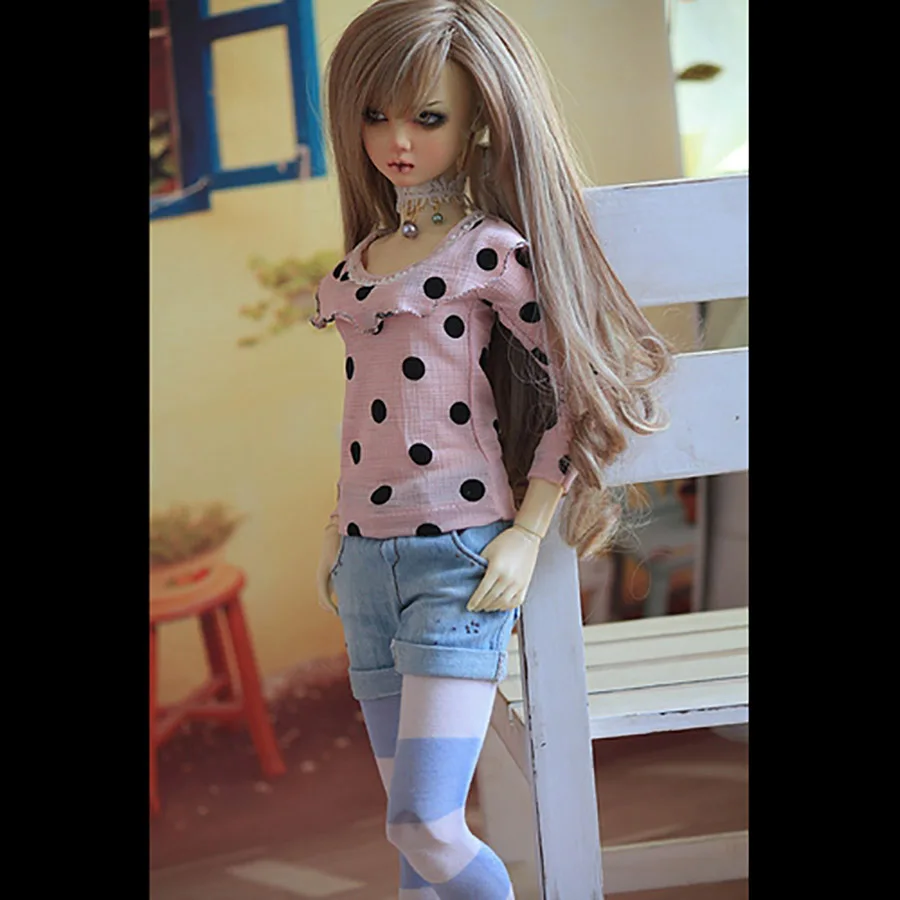 Одежда для куклы Cateleya Bjd розовый черный пятнистый кружевной топ+ джинсовые шорты+ черные кружевные носки или синие и белые полосатые носки