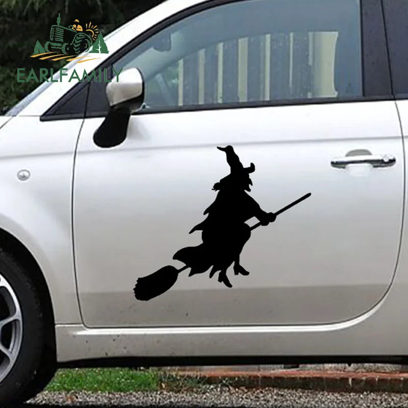 

EARLFAMILY 58cm X 46.4cm Cartoon Fairy Kingdom Witch Riding on A Broom Flying Car Sticker for Wall Door Home Decor Vinyl Decal