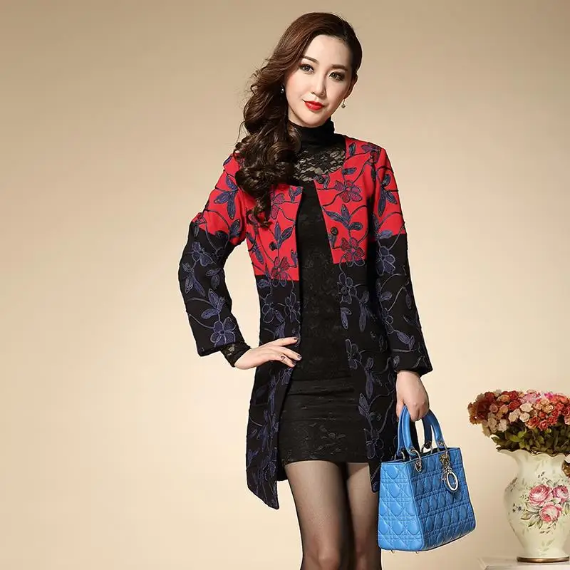 Elegant Jacket New 2016 Autumn Winter Fashion Brand Full Sleeve Blue Embroidery Red Black Spliced Women Long | Женская одежда
