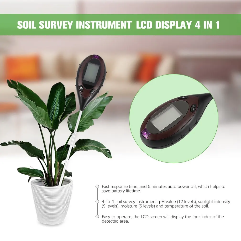 4 in 1 Soil Survey Instrument LCD Display Moisture PH Value Temperature Sunlight Intensity Meter For Garden Plants | Инструменты