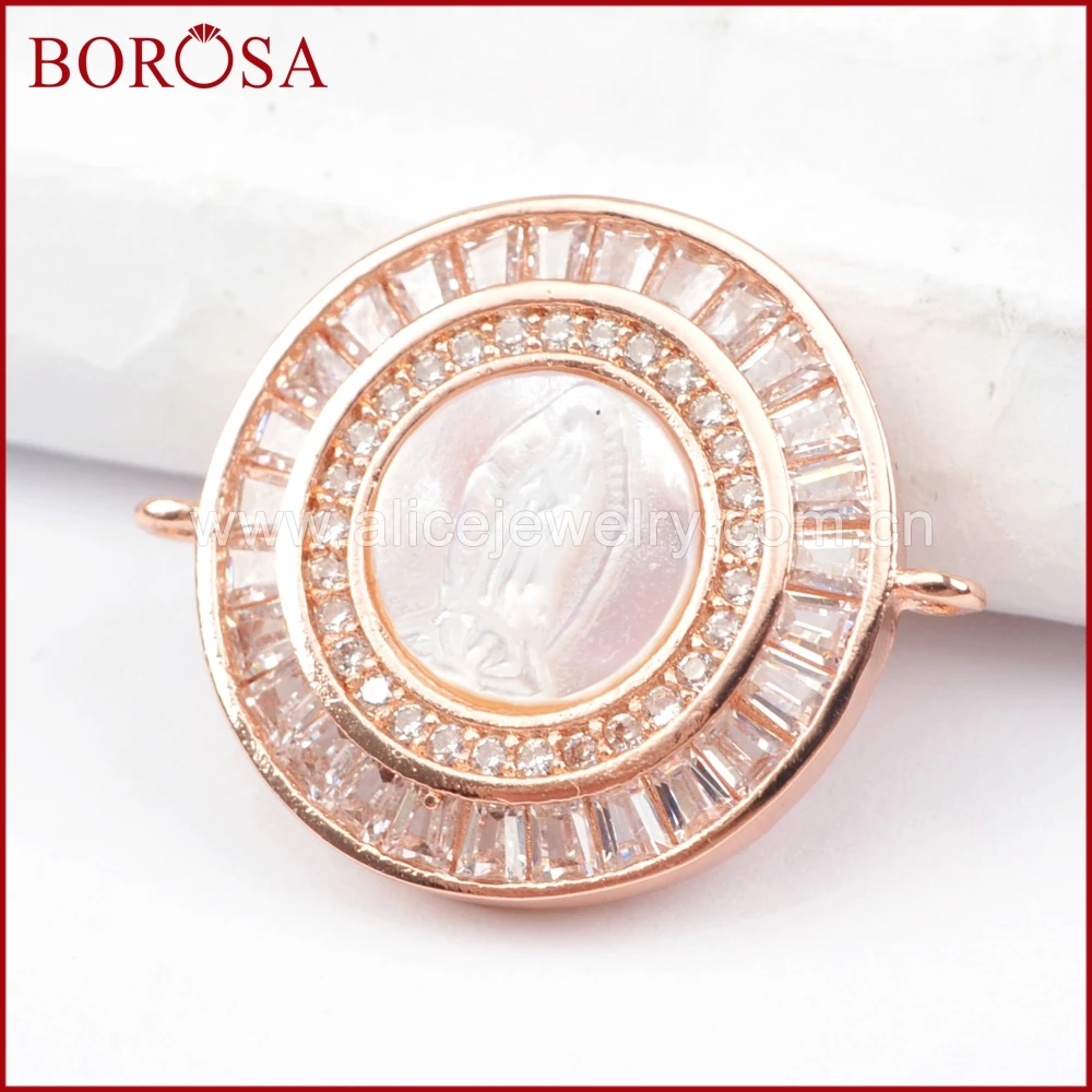 

BOROSA Mixed the Gold Colors CZ Micro Pave Crystal Round White Shell Connector Fashion Drusy White Zircons Pave Connectors WX823