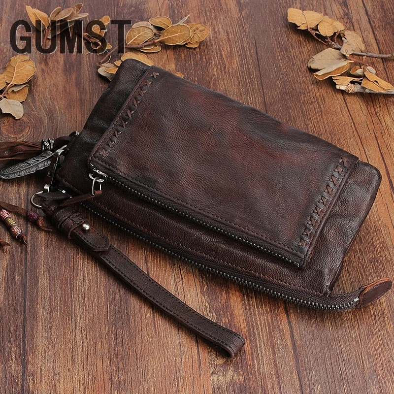 

GUMST Original Design handmade long women leather wallet First layer sheepskin retro large capacity wrinkled clutch wallet purse